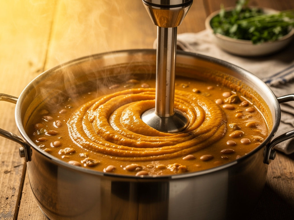 Blending the soup until smooth and creamy.