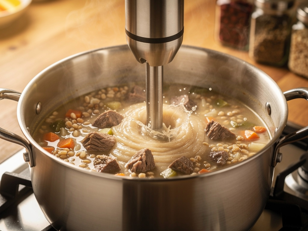 Blending the soup until smooth and creamy.