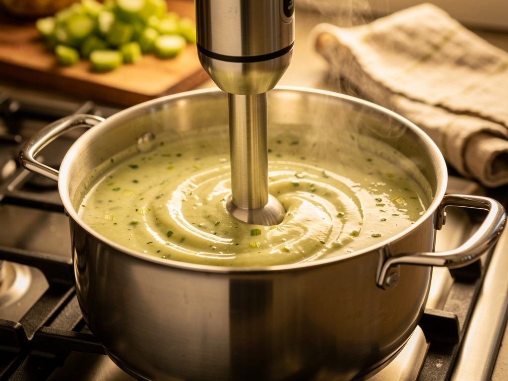 Blending the soup until smooth and creamy.