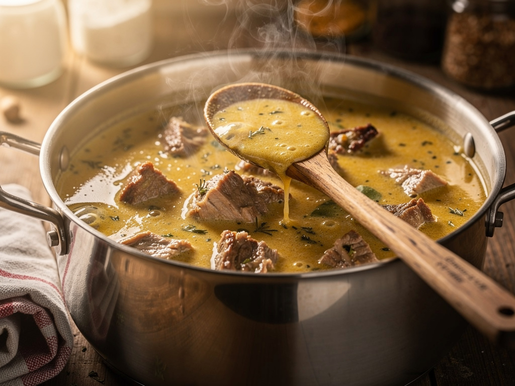 Letting the soup simmer to develop rich flavors.