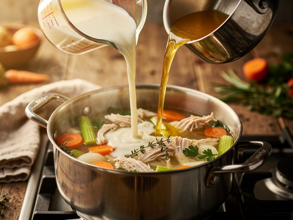 Adding liquid to soup pot