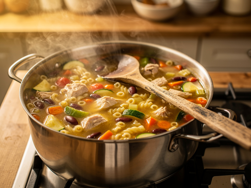 Letting the soup simmer to develop rich flavors.
