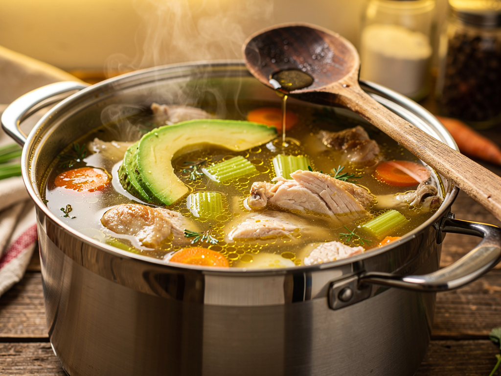 Letting the soup simmer to develop rich flavors.