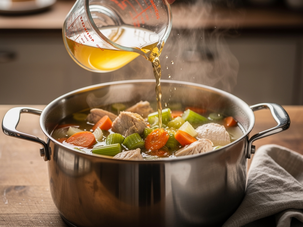 Adding the key ingredients to the pot.
