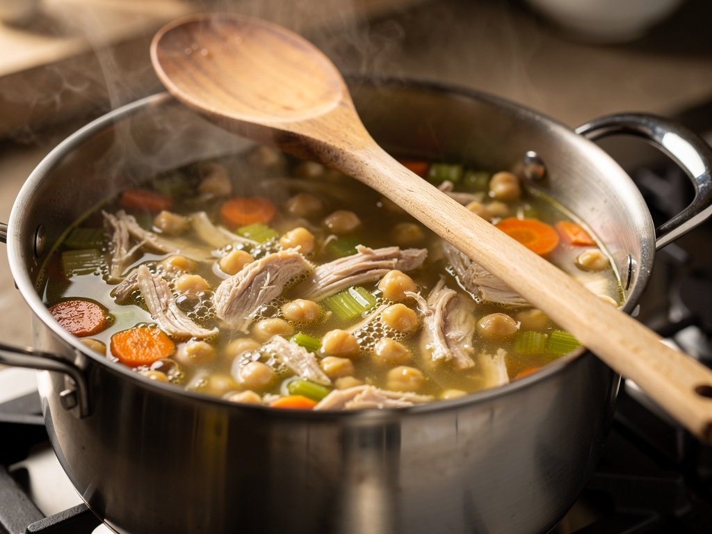 Letting the soup simmer to develop rich flavors.
