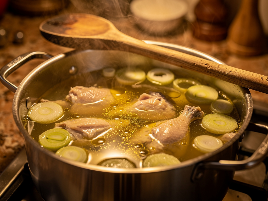 Letting the soup simmer to develop rich flavors.
