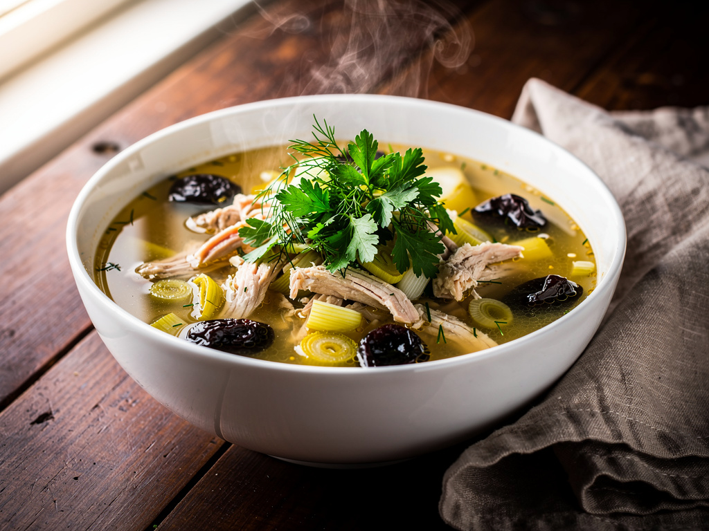 Chicken Soup with Prunes and Leeks