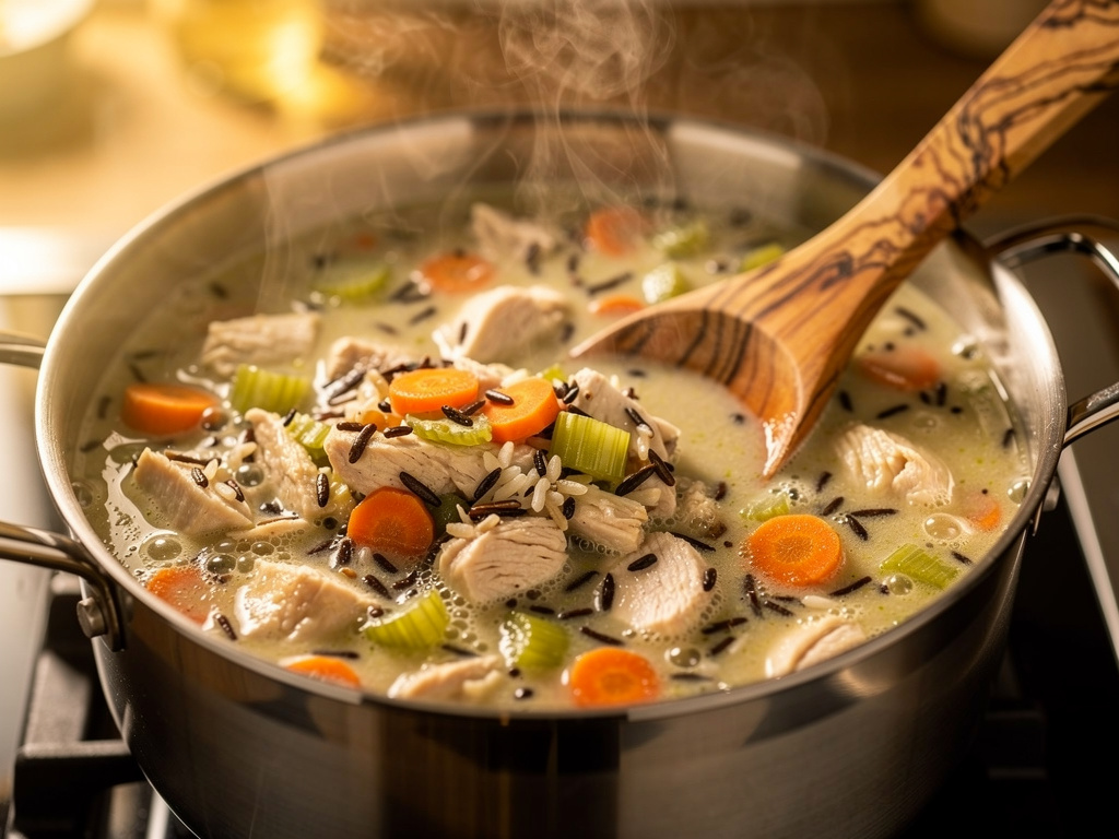 Letting the soup simmer to develop rich flavors.