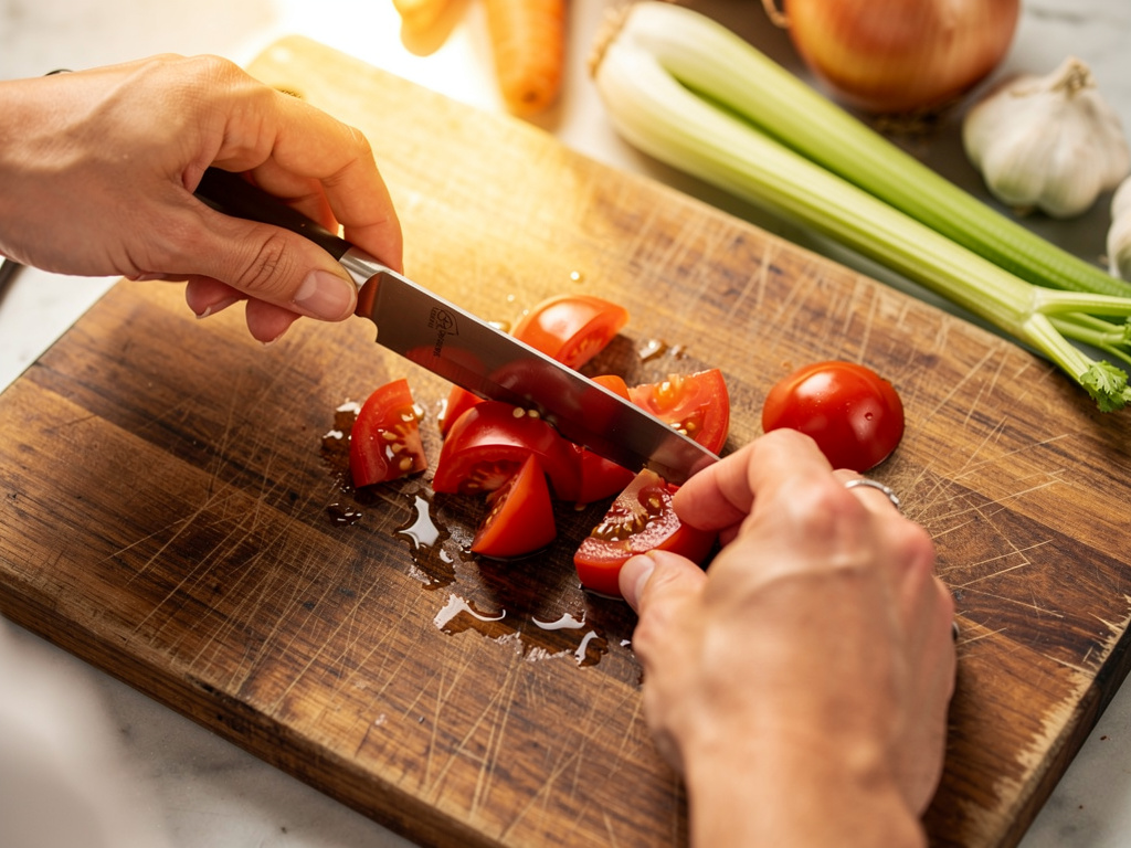 Cutting ingredients on wooden board