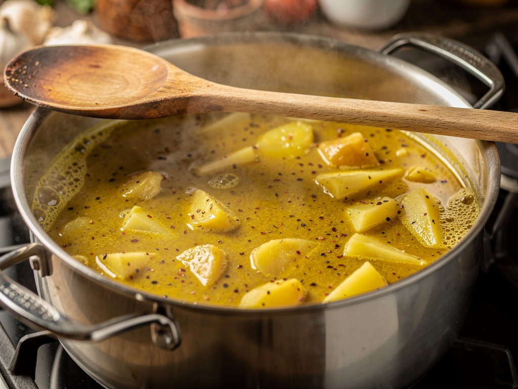 Letting the soup simmer to develop rich flavors.