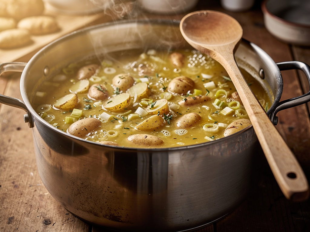 Letting the soup simmer to develop rich flavors.