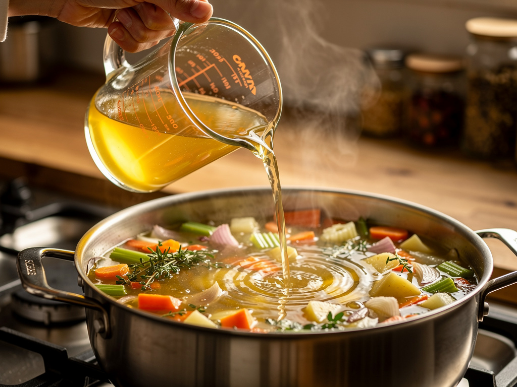Adding liquid to soup pot