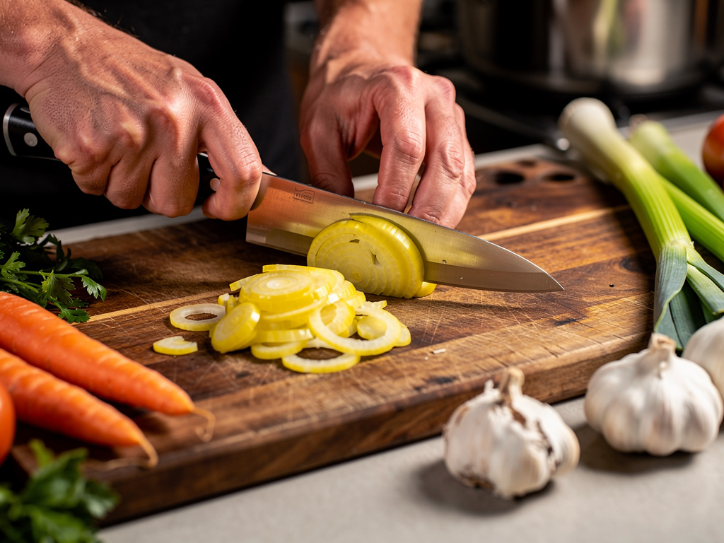 Cutting ingredients on wooden board