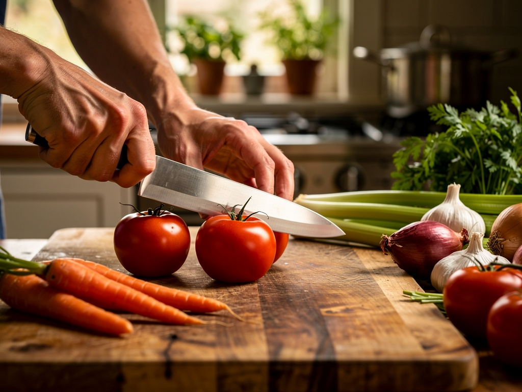Preparing the vegetables for cooking.