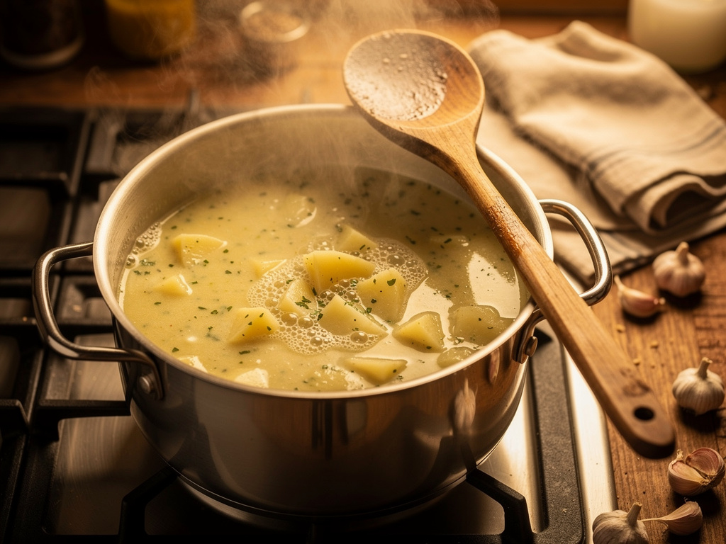 Letting the soup simmer to develop rich flavors.
