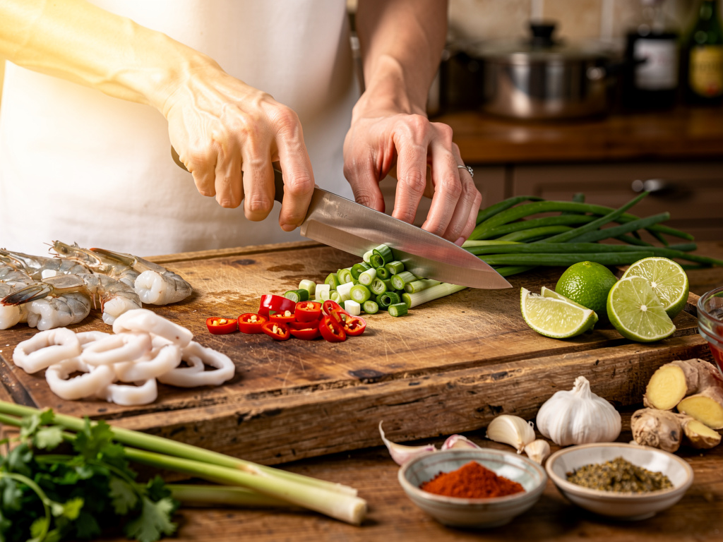 Preparing the vegetables for cooking.