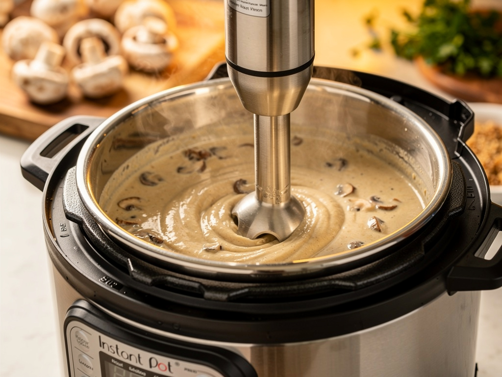 Blending the soup until smooth and creamy.