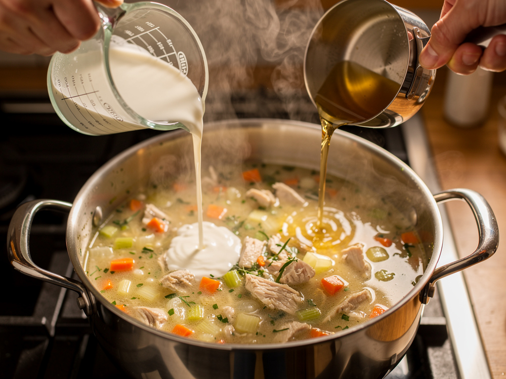 Adding liquid to soup pot