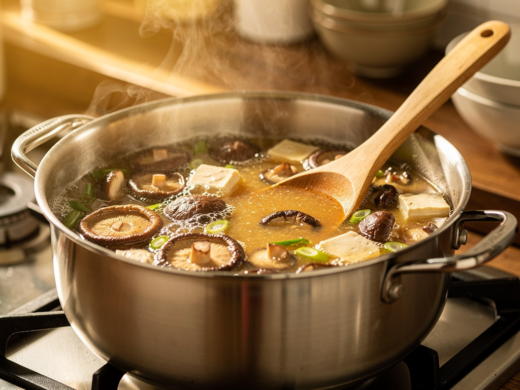 Letting the soup simmer to develop rich flavors.