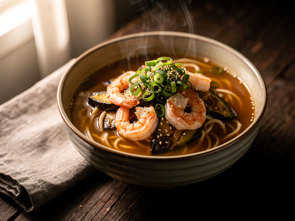 Miso Soup with Prawns and Eggplant