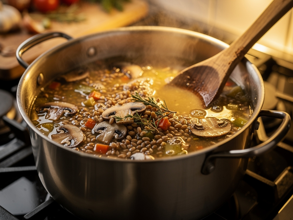 Letting the soup simmer to develop rich flavors.