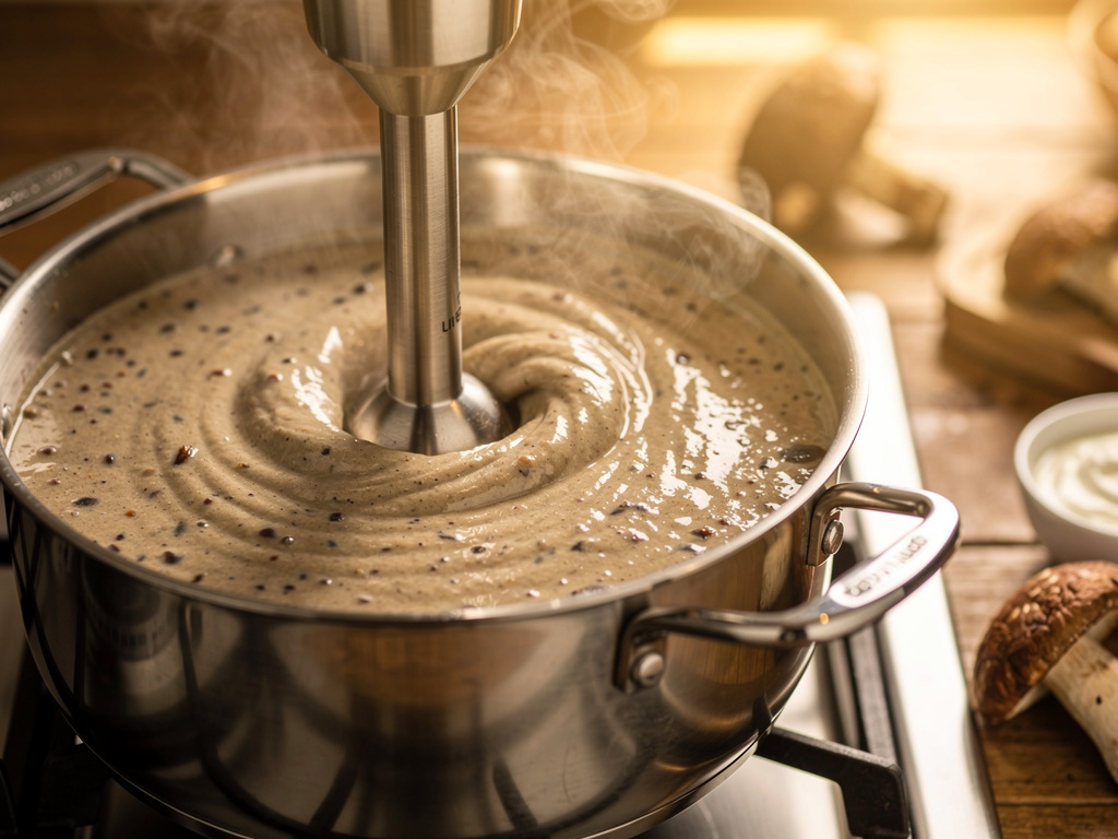 Blending the soup until smooth and creamy.