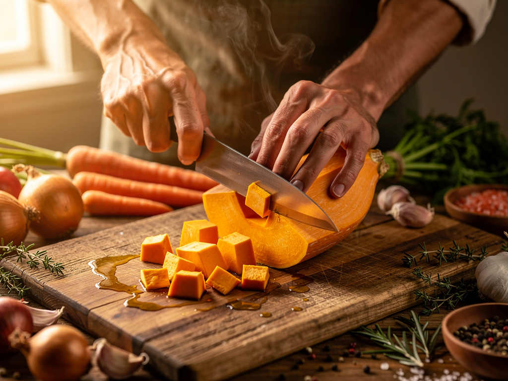 Cutting ingredients on wooden board