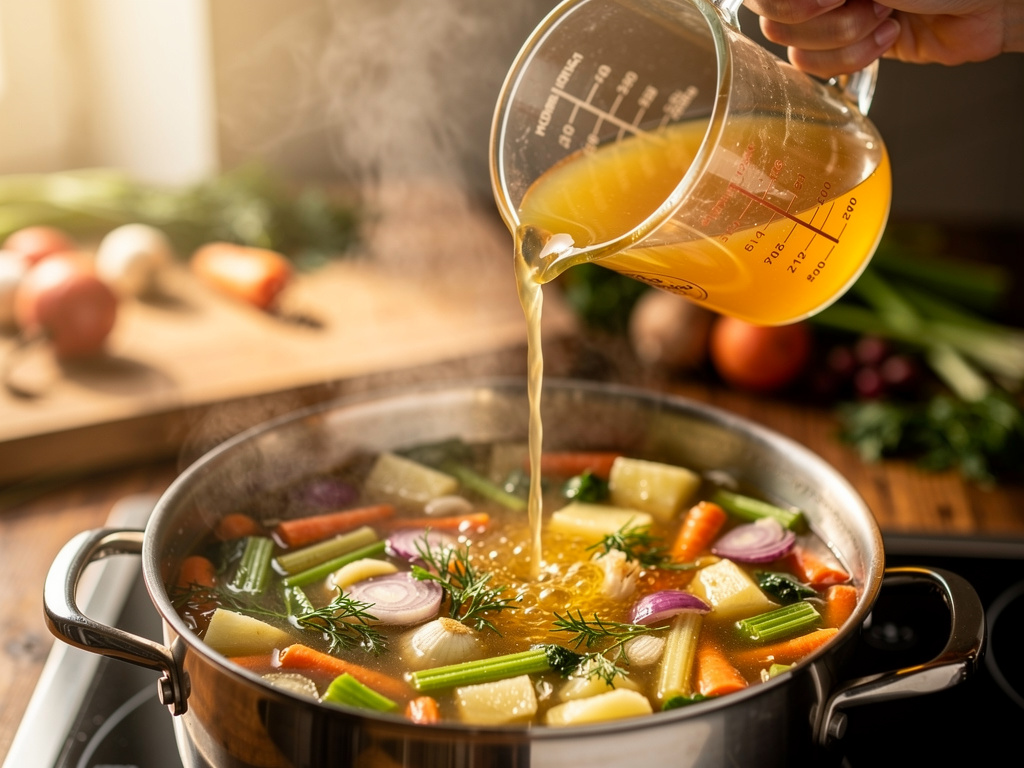 Adding liquid to soup pot