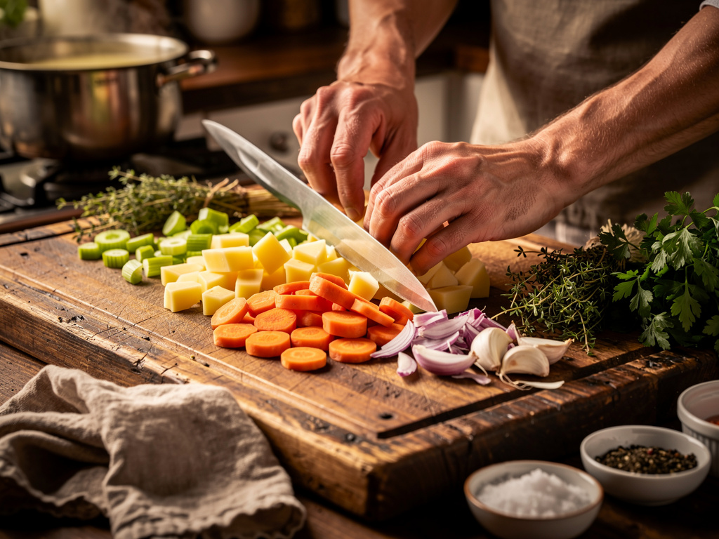 Preparing the vegetables for cooking.