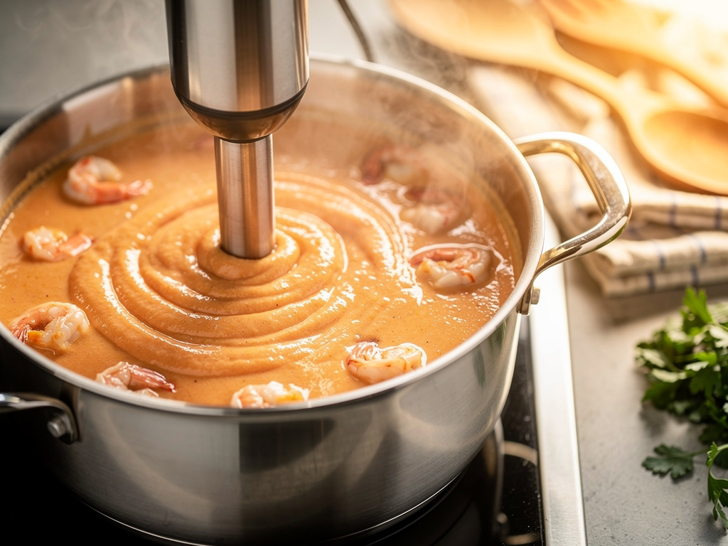 Blending the soup until smooth and creamy.