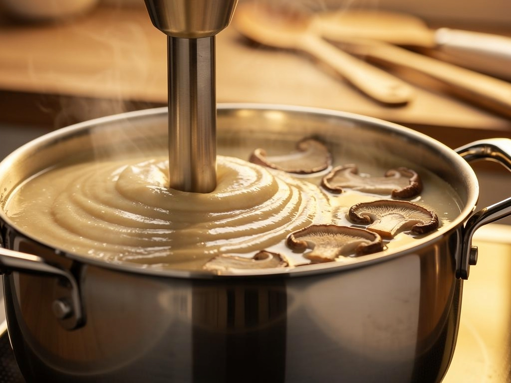 Blending the soup until smooth and creamy.