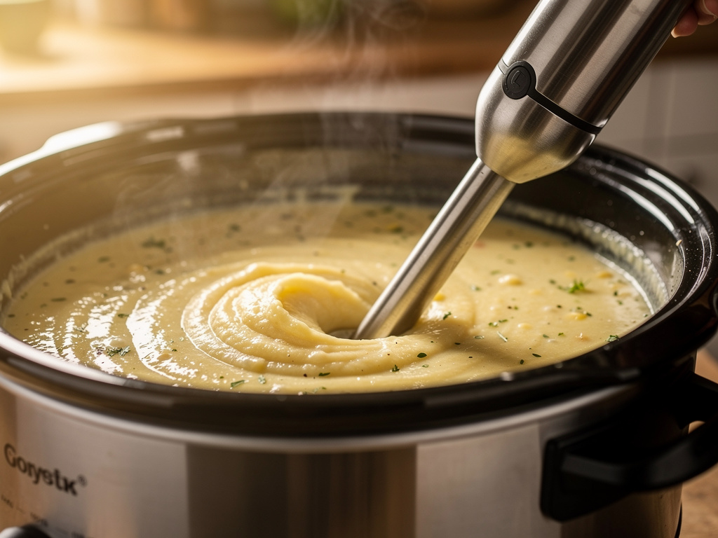 Blending the soup until smooth and creamy.
