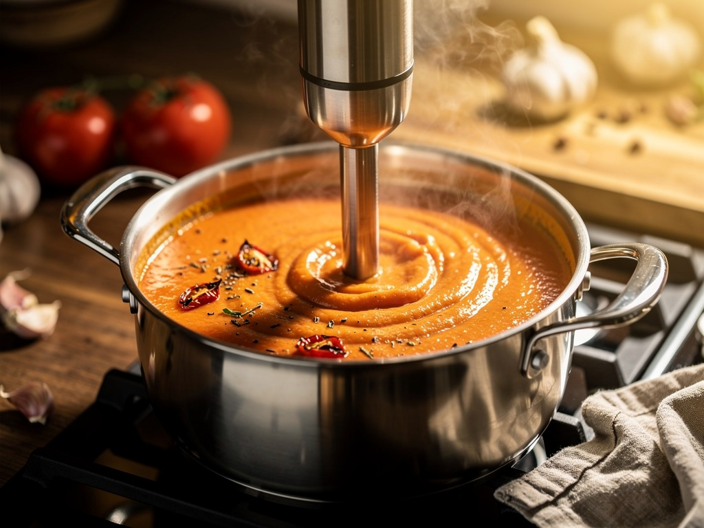 Blending the soup until smooth and creamy.