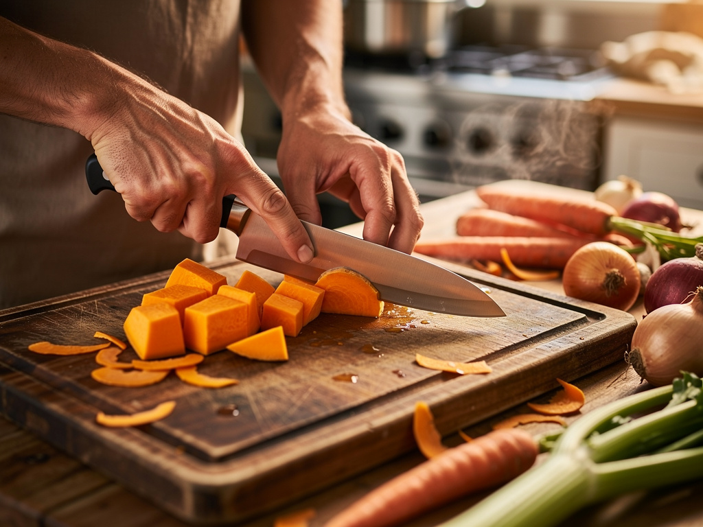 Cutting ingredients on wooden board