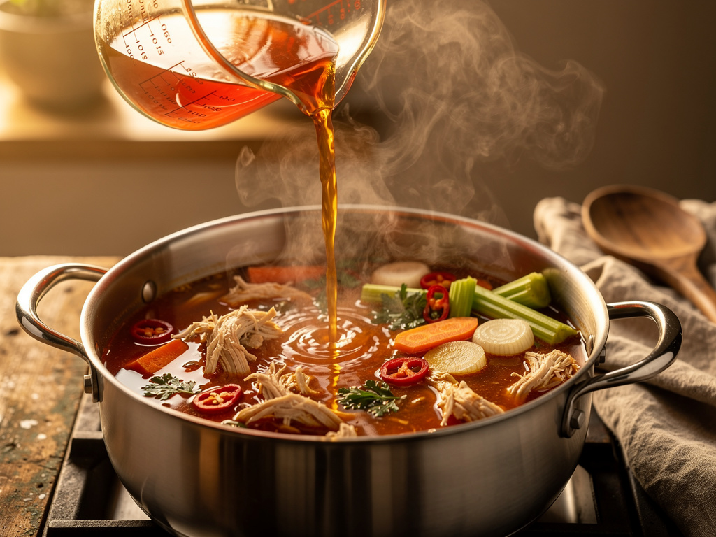 Adding the key ingredients to the pot.