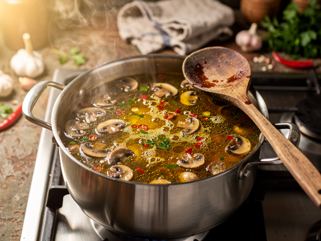 Letting the soup simmer to develop rich flavors.