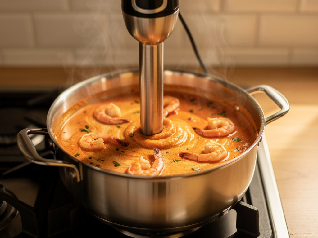 Blending the soup until smooth and creamy.