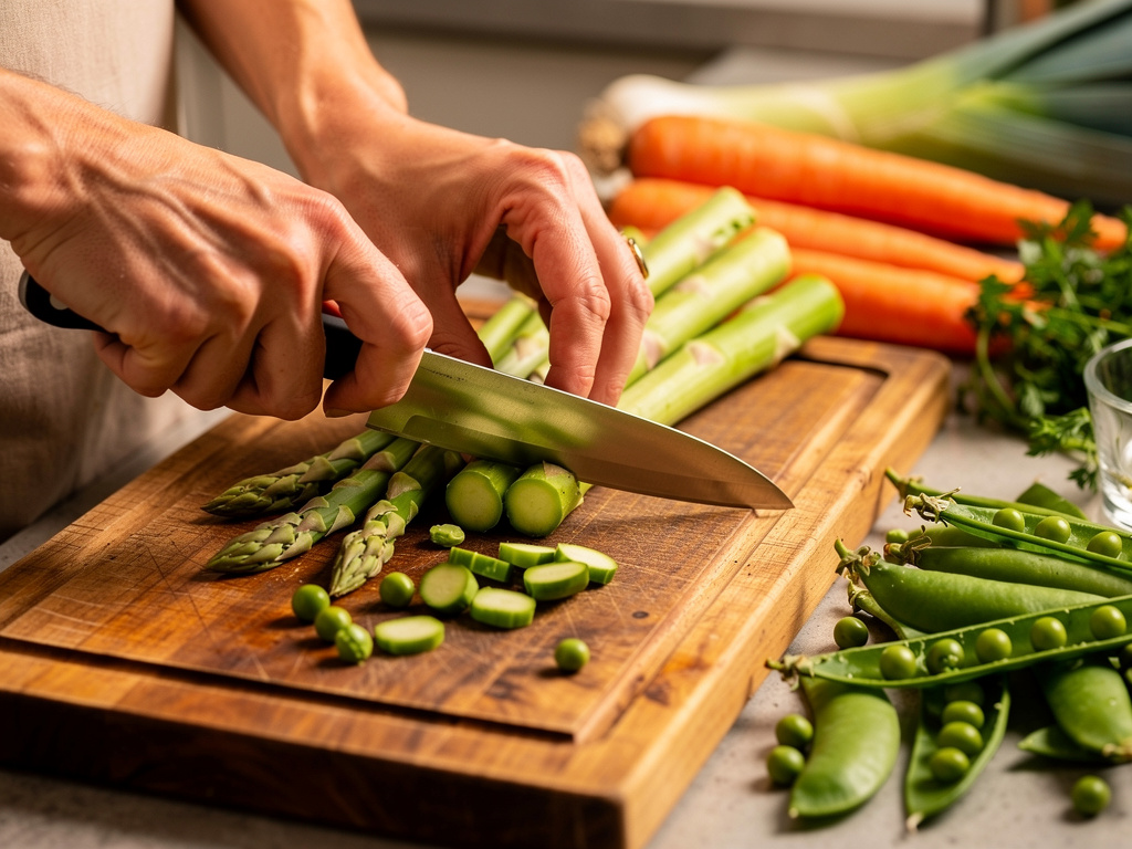 Cutting ingredients on wooden board