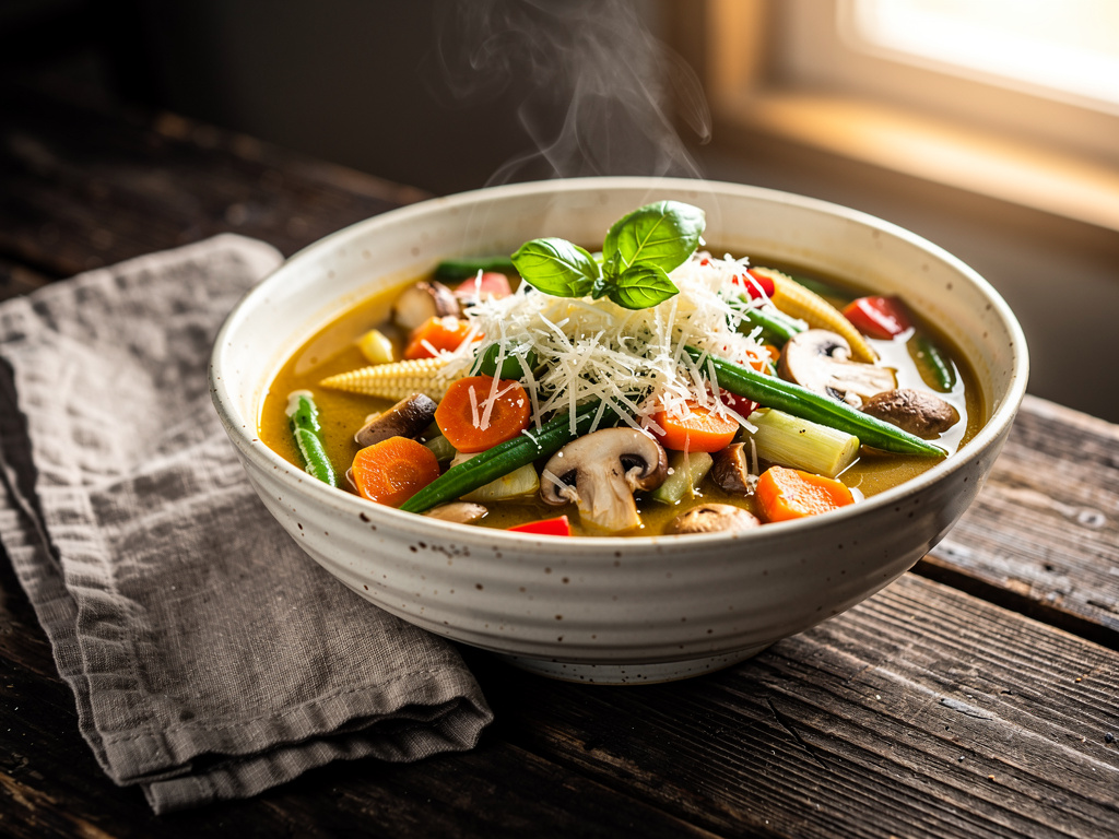Thai vegetable soup with coconut milk, mushrooms, and fresh Thai basil