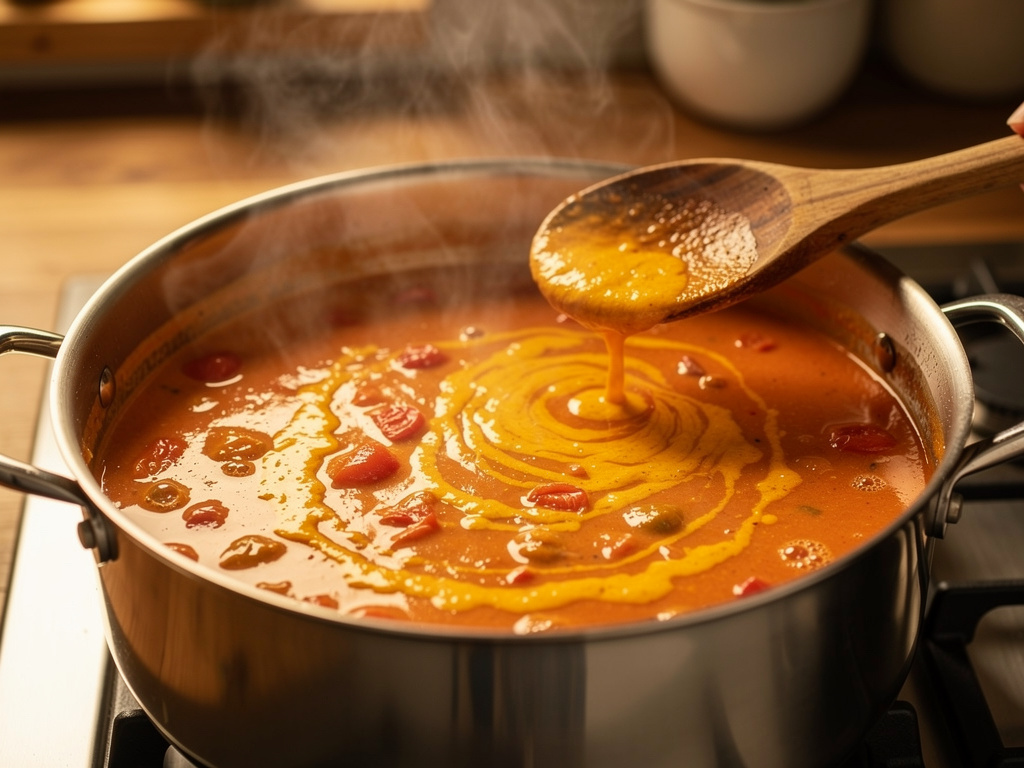 Letting the soup simmer to develop rich flavors.