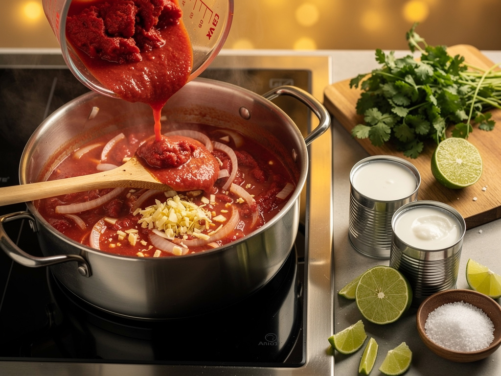 Cooking tomato coconut soup - sautéing aromatics with tomatoes in pot