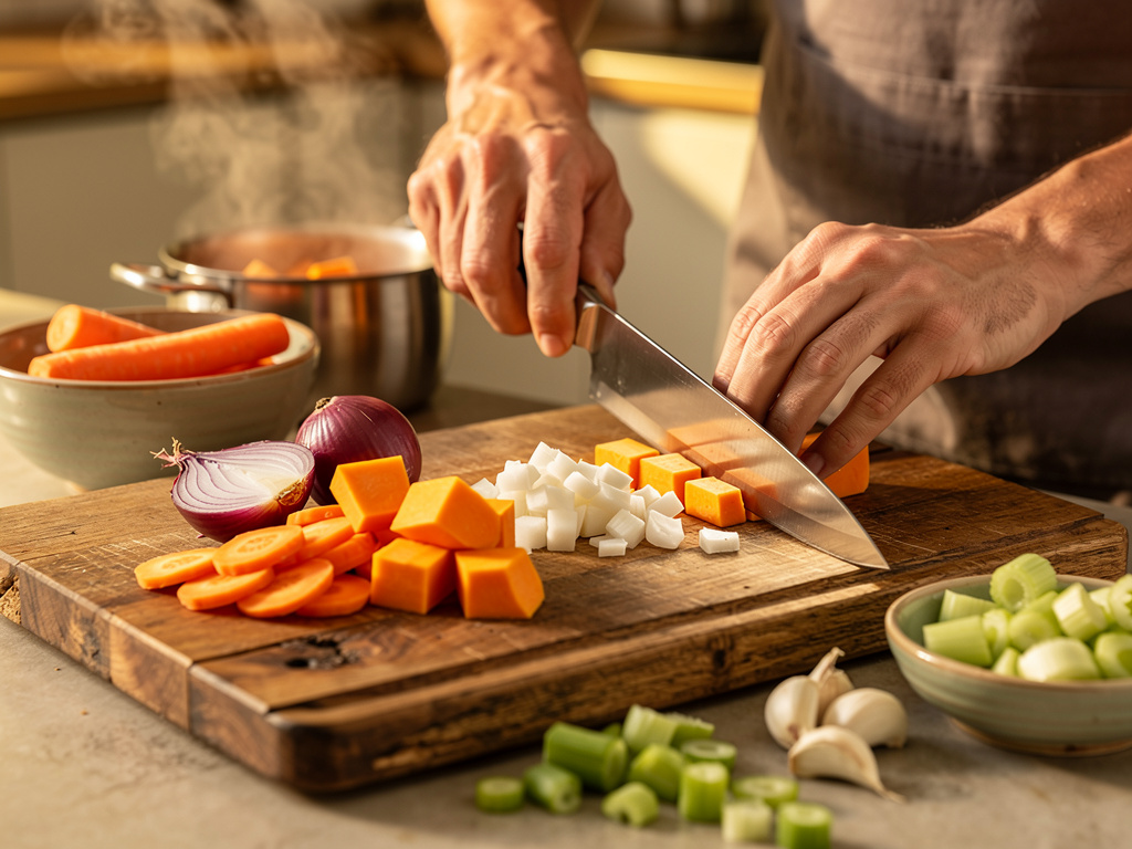 Preparing the vegetables for cooking.