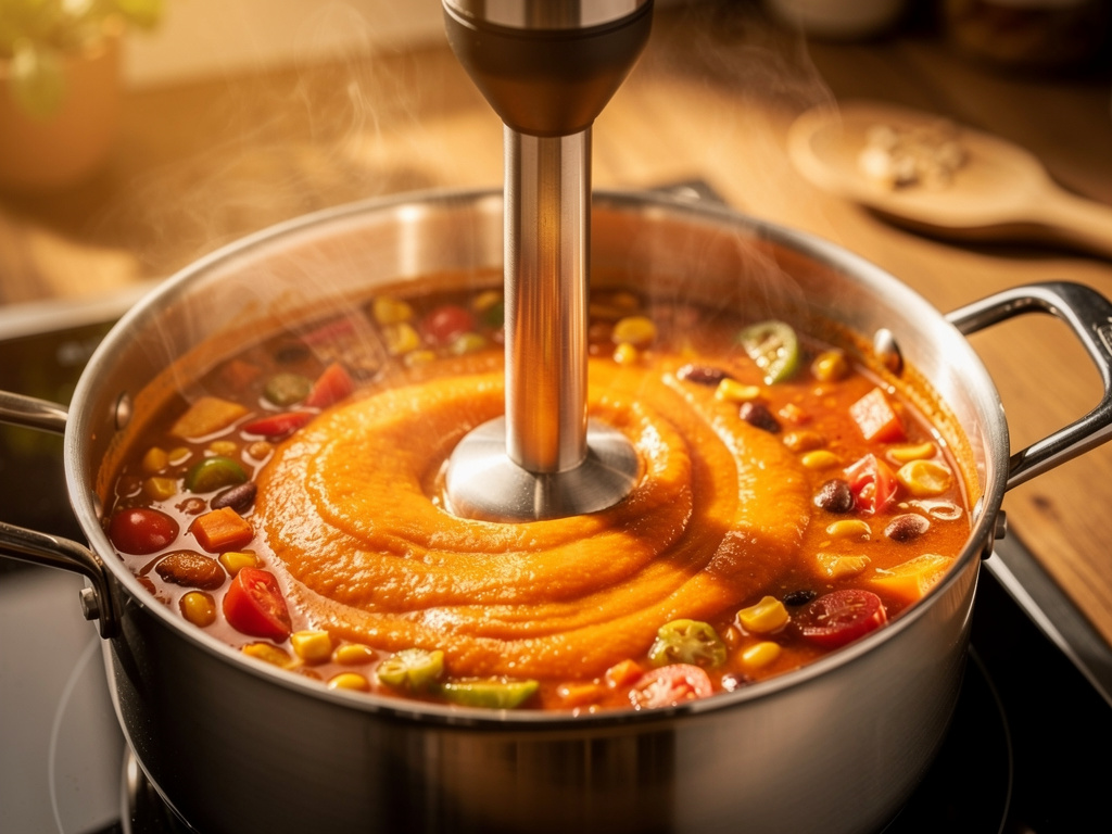 Blending the soup until smooth and creamy.