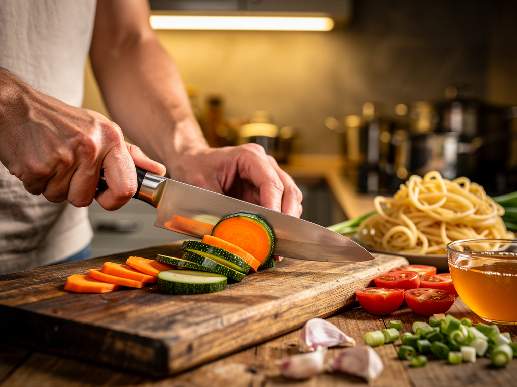 Preparing the vegetables for cooking.