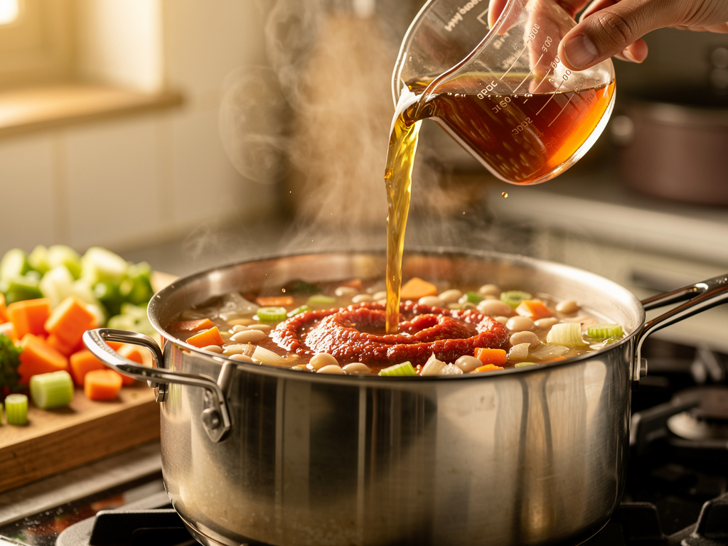 Adding the key ingredients to the pot.