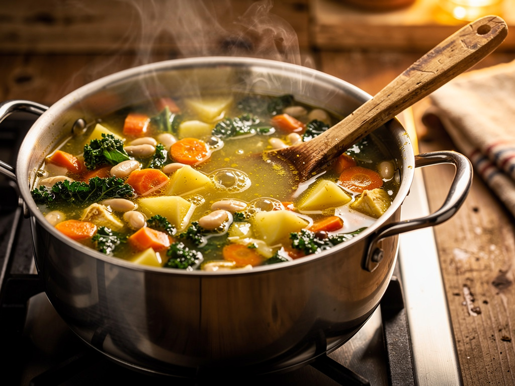 Letting the soup simmer to develop rich flavors.